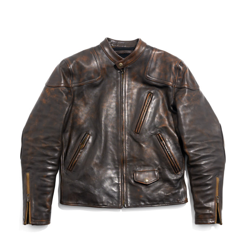 絶妙なヴィンテージ加工 植物タンニン鞣し カウレザー シングルライダース ジャケット M~4XL