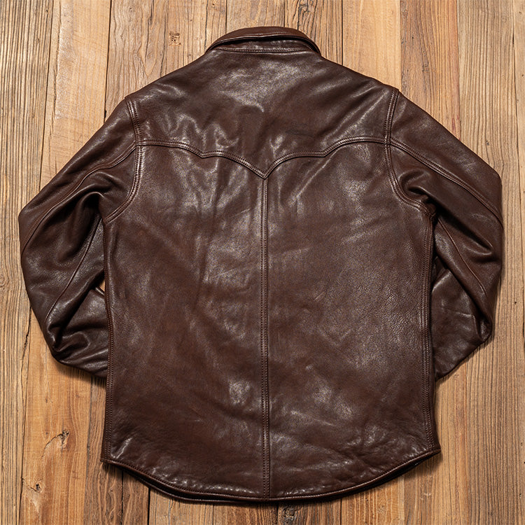 植物タンニン鞣し ウォッシュ加工 シープレザー ウエスタンシャツ★M~3XL