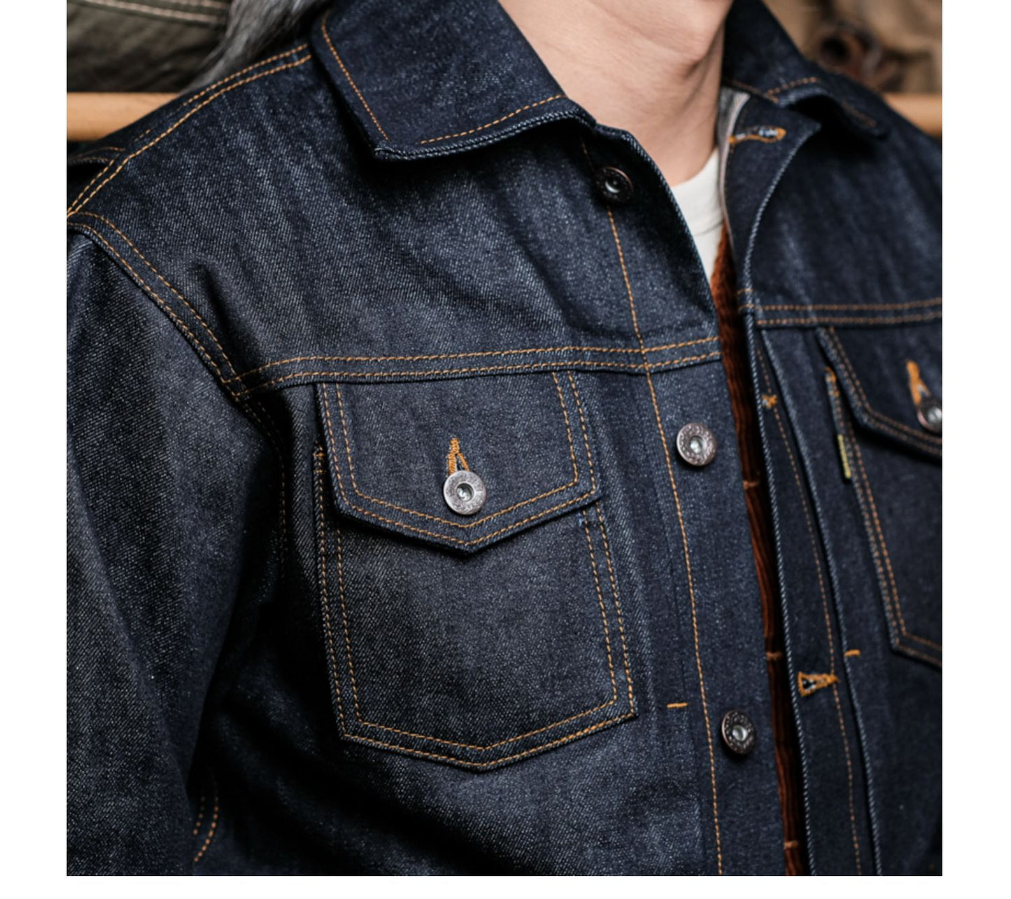 背面のアクションプリーツで高い可動性☆ヴィンテージ復刻 14.5OZ ノンウォッシュ セルビッチ デニムジャケット☆S~2XL