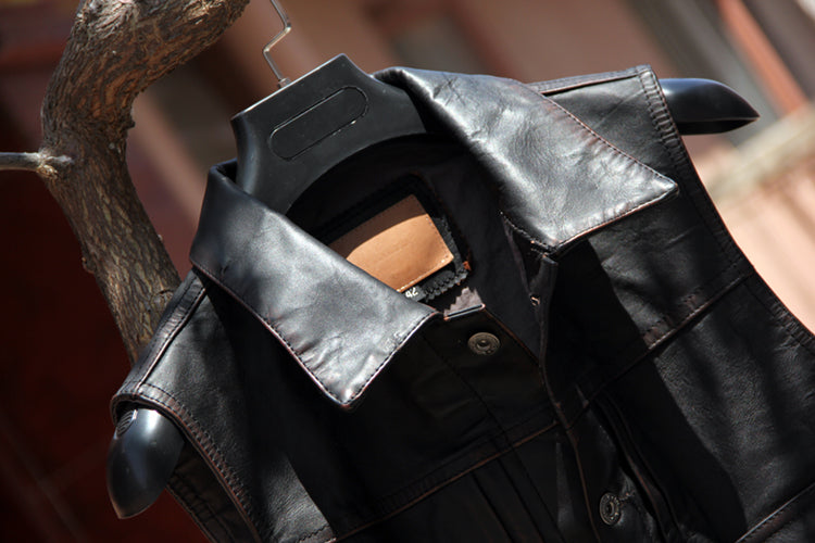 茶芯ホースハイドレザー ライダースレザーベスト M~4XL