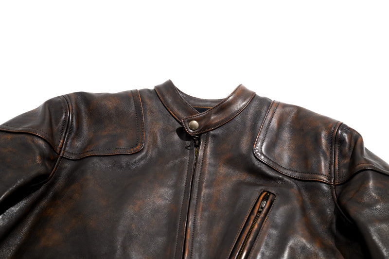 絶妙なヴィンテージ加工 植物タンニン鞣し カウレザー シングルライダース ジャケット M~4XL