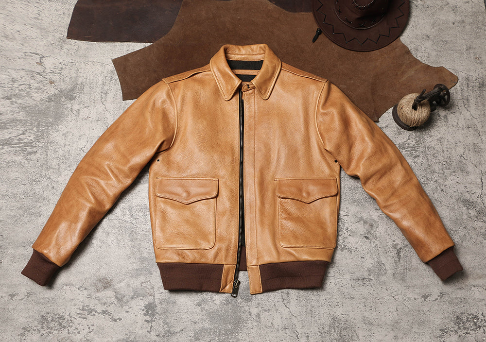 1.7mm極厚◇◇ヴィンテージ復刻 タンカラーカウレザーA-2ジャケット◇◇M~5XL