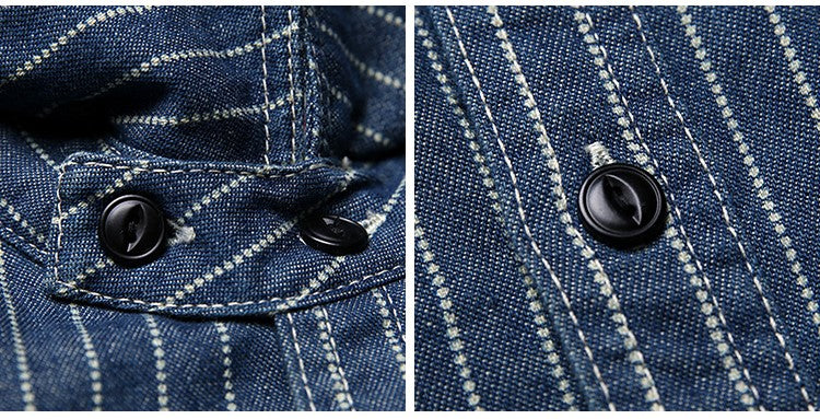 △WABASH(鉄道員)ストライプデニム シャツ▽S~3XL