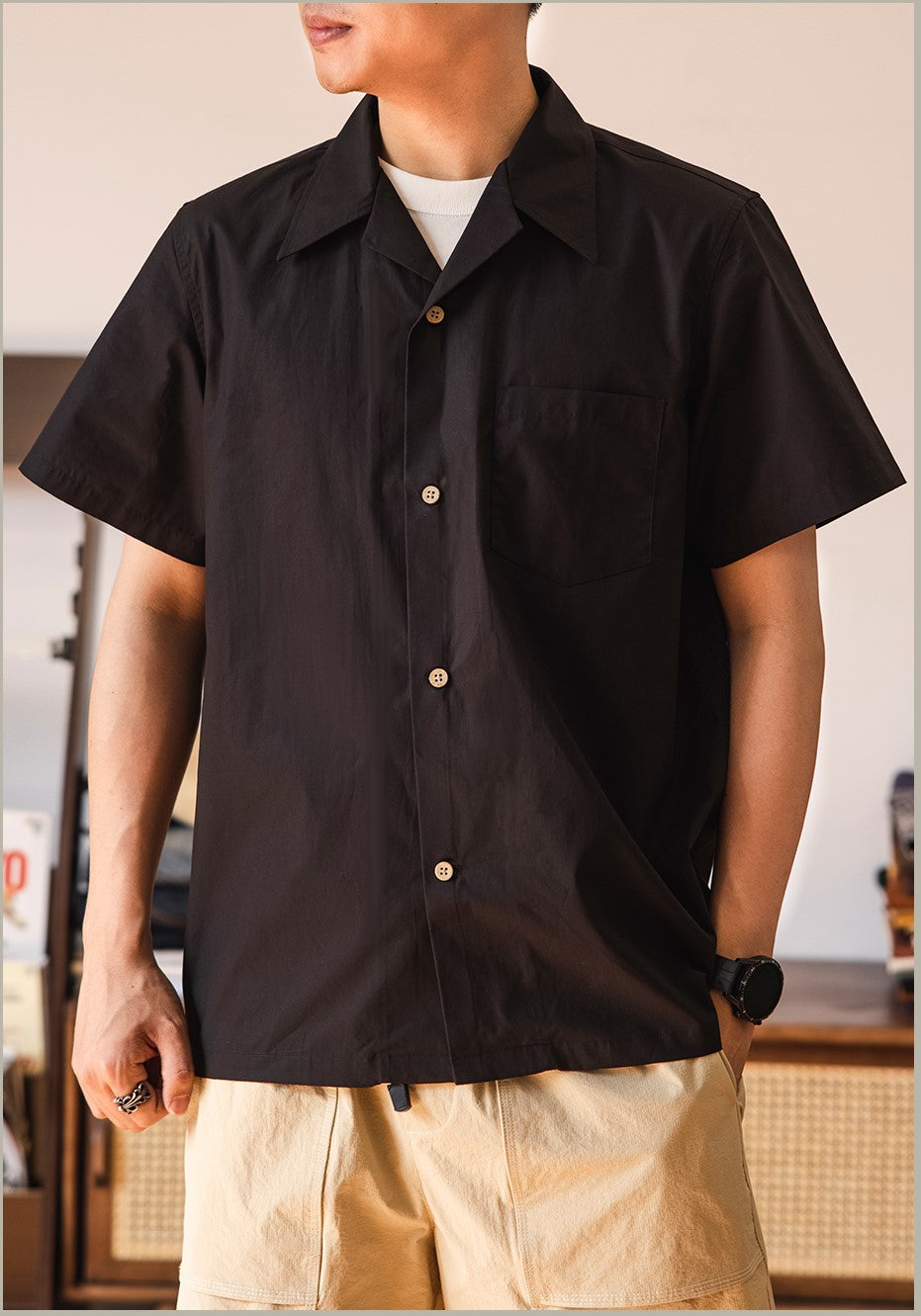 2色展開★メンズ オーガニックコットンプリン使用★オープンカラー シャツS~3XL