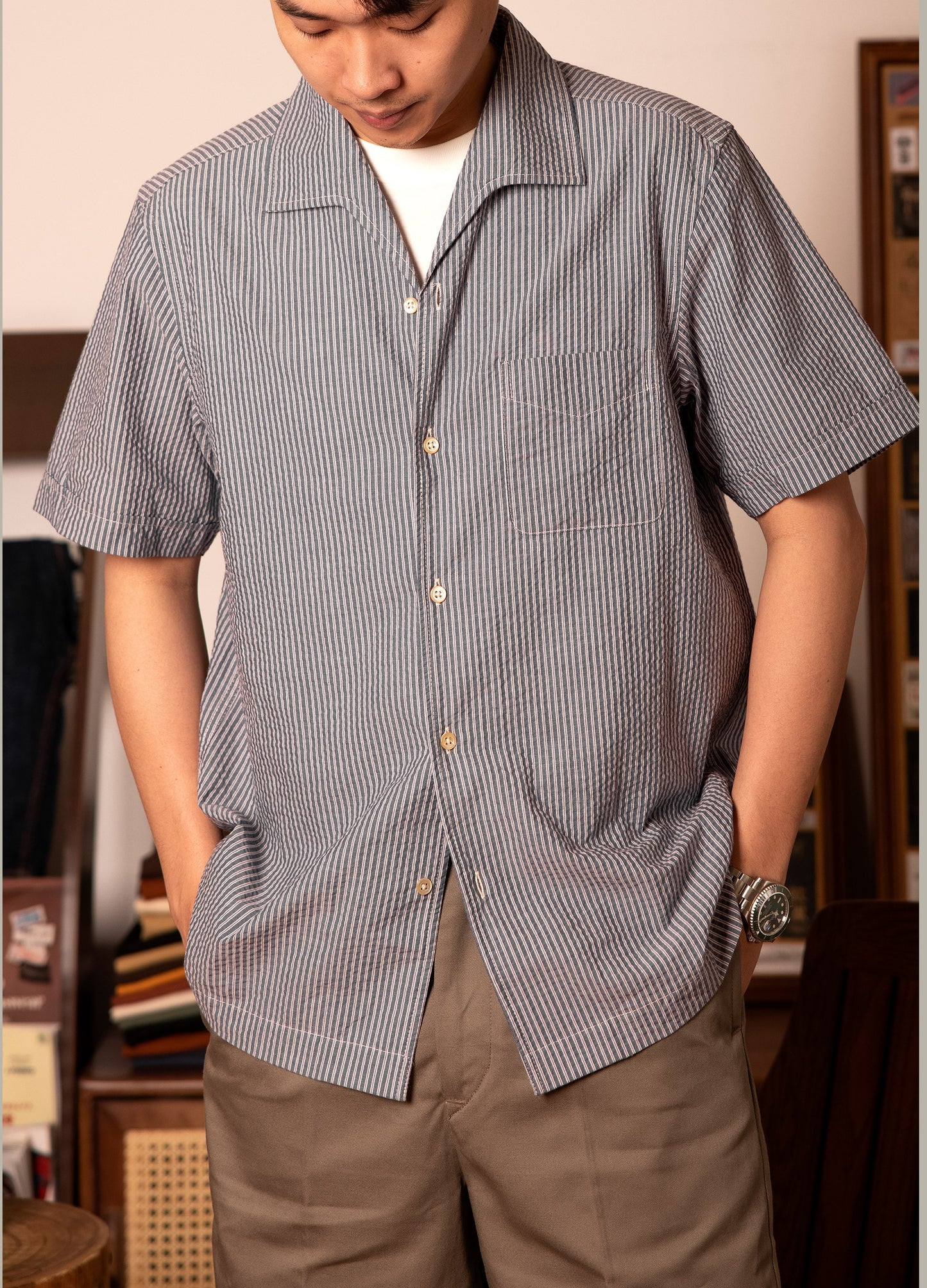 △ヴィンテージ復刻 コットンストライプ 半袖 イタリアンカラーシャツ▽S~3XL