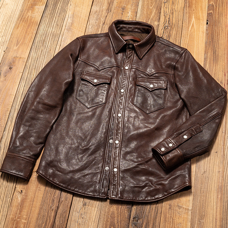 植物タンニン鞣し ウォッシュ加工 シープレザー ウエスタンシャツ★M~3XL