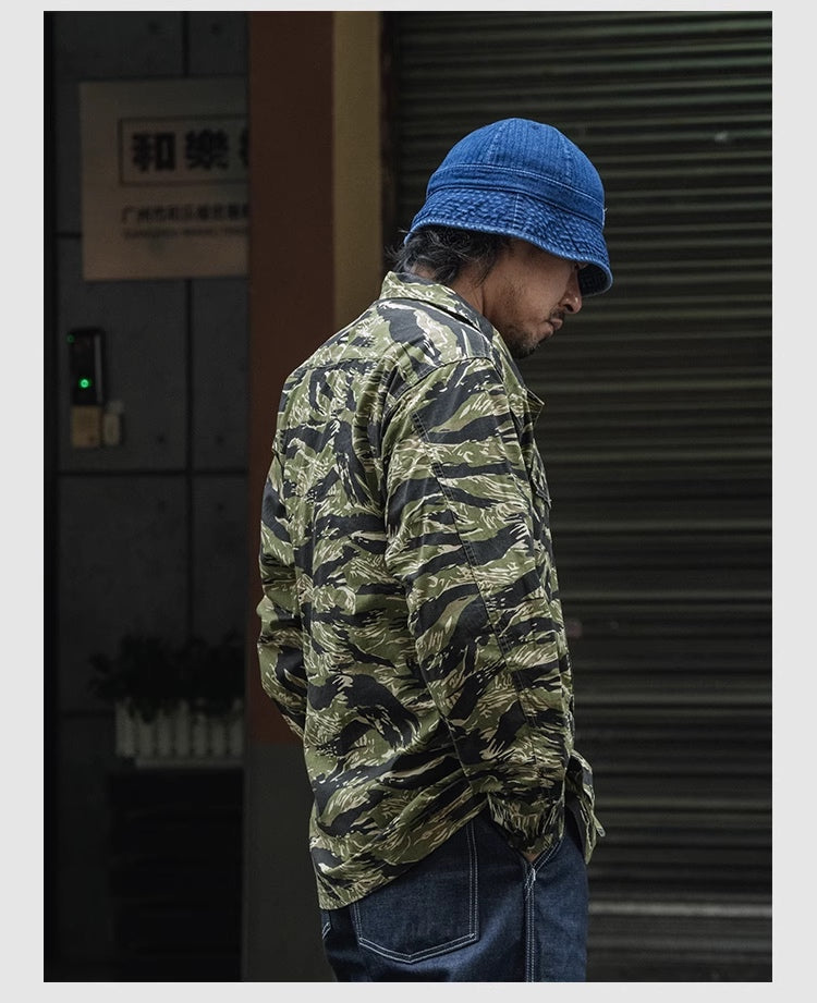 ヴィンテージ モディファイ 9.5OZ コットン リップストップ タイガーカモフラージュ ミリタリーM-65 シャツ ジャケット◇S~2XL
