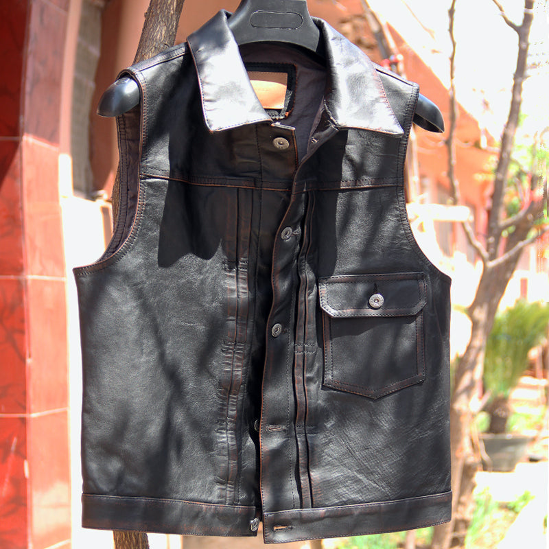 茶芯ホースハイドレザー ライダースレザーベスト M~4XL