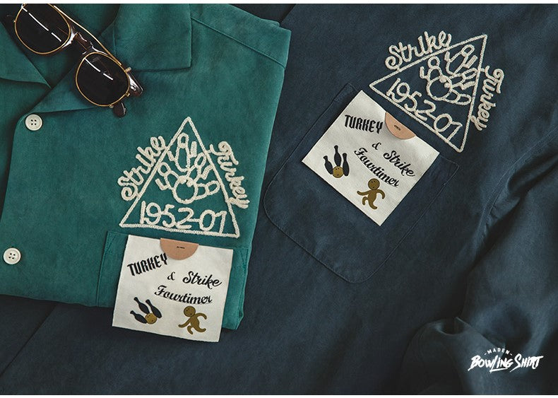 ◆チェーンステッチ 刺繍メンズ ボーリング オープンカラーシャツ◆S~2XL