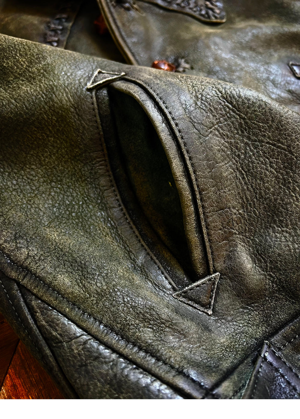 ハンドワークによる編み込みがポイントに▲グリーンカウレザーウエスタンジャケット▼S~3XL