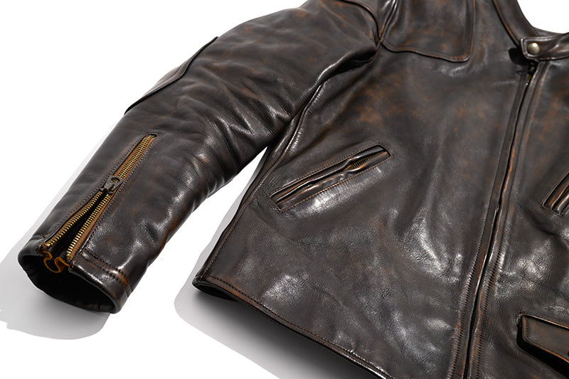 絶妙なヴィンテージ加工 植物タンニン鞣し カウレザー シングルライダース ジャケット M~4XL