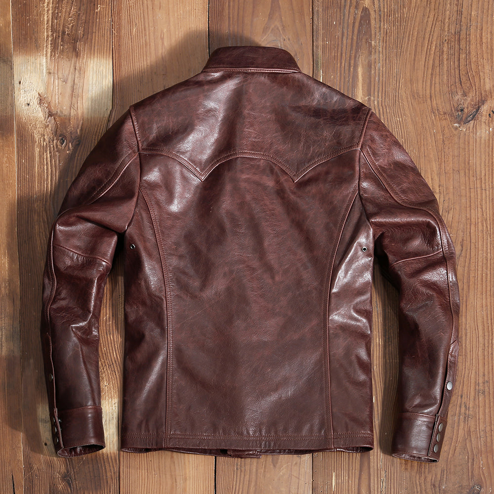 オイルワックス加工カウレザーウエスタンシャツ★M~4XL