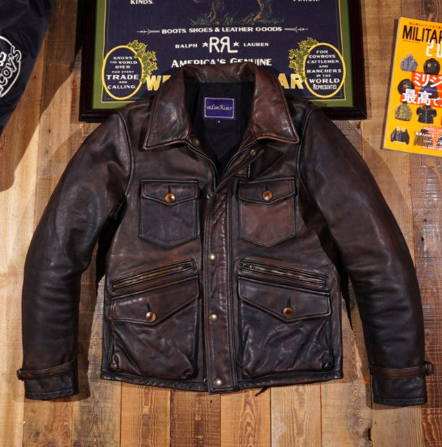 ヴィンテージ加工 ホースハイドレザー ハンティングジャケット M~4XL