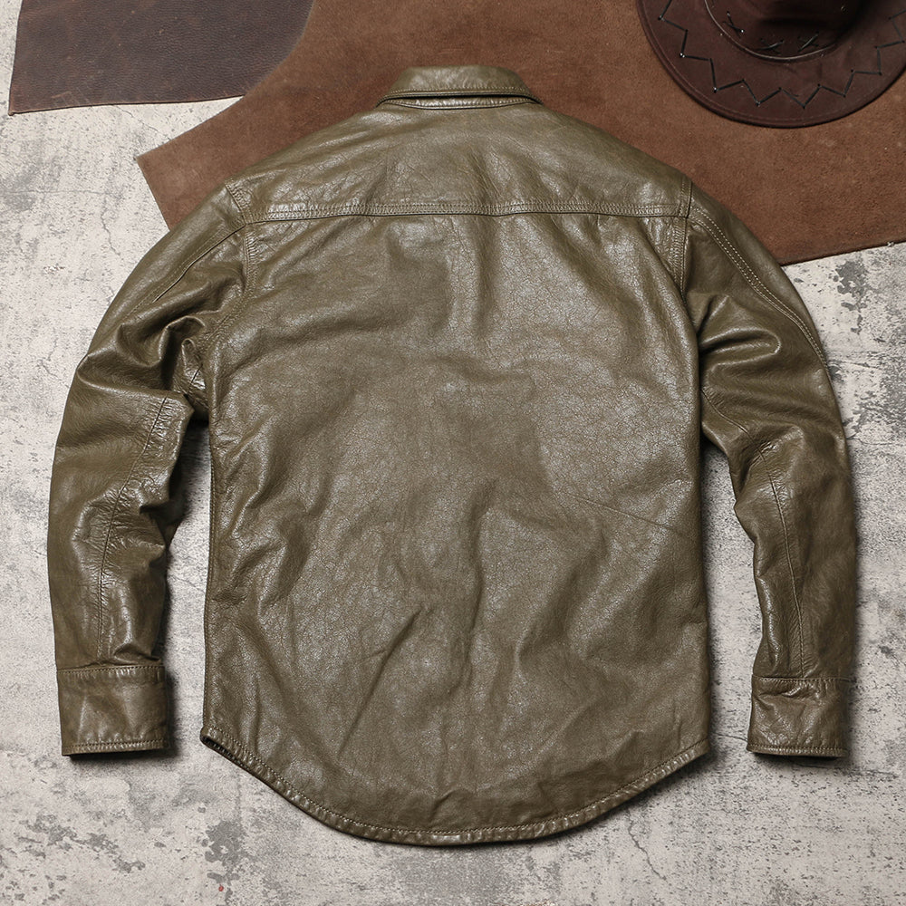ウォッシュ加工★カウレザーシャツ★S~3XL