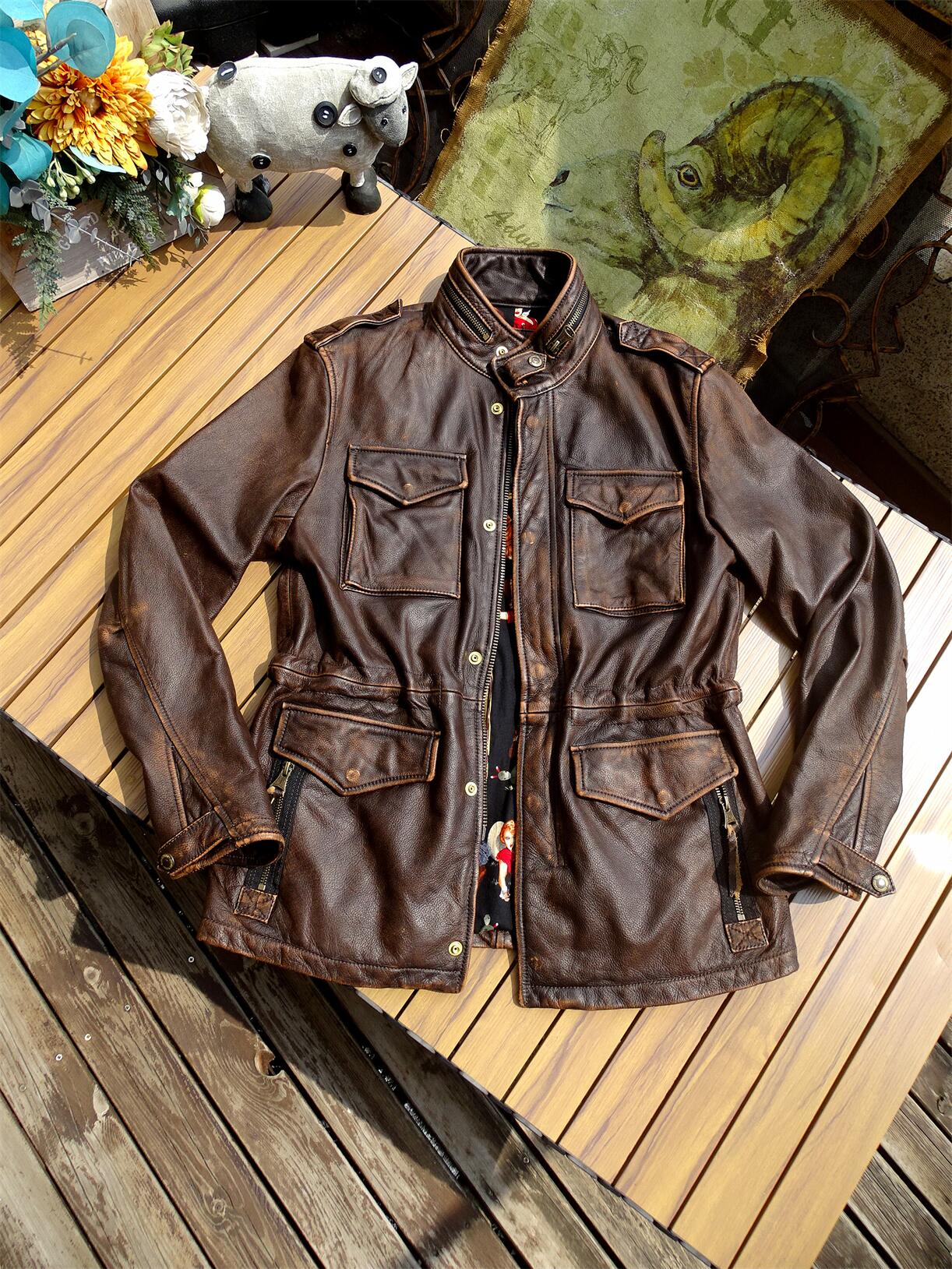 ▲ビンテージ復刻 ウォッシュ加工 茶芯カウレザー M-65 ジャケット▼S~4XL