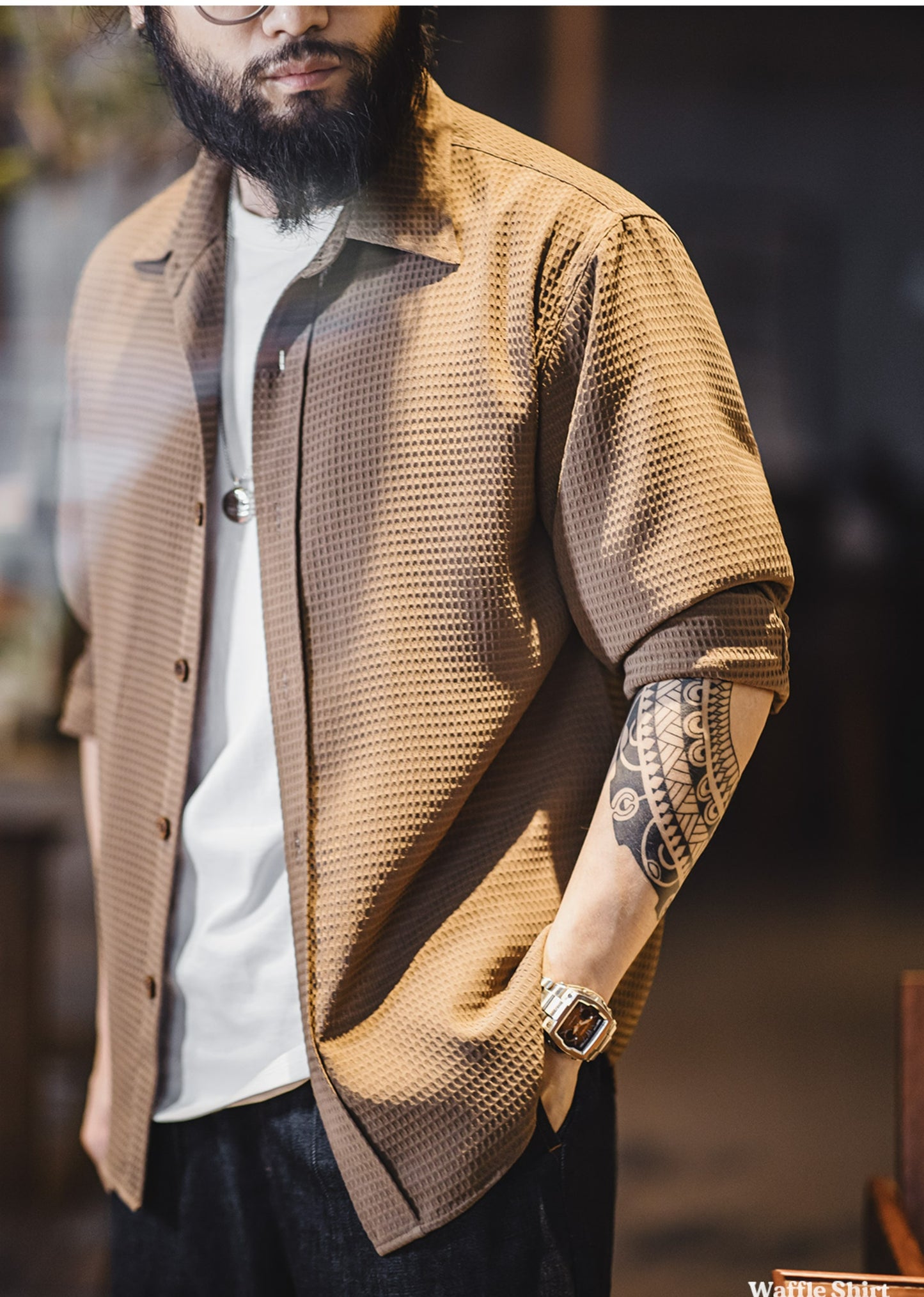 表情豊かなテクスチャー◆ワッフル地 リラックスシャツ◆M~2XL