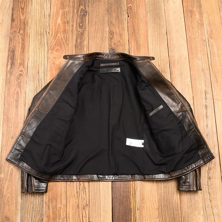 ▲植物タンニン鞣し茶芯ホースハイドレザー シングルライダース ジャケット▼M~4XL