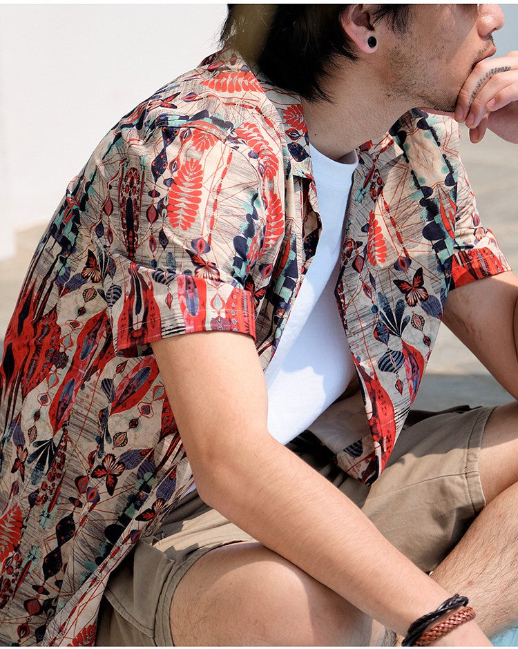 △ヴィンテージ復刻 ハワイアンプリント幾何学×バタフライ柄 アロハシャツ▽M~2XL