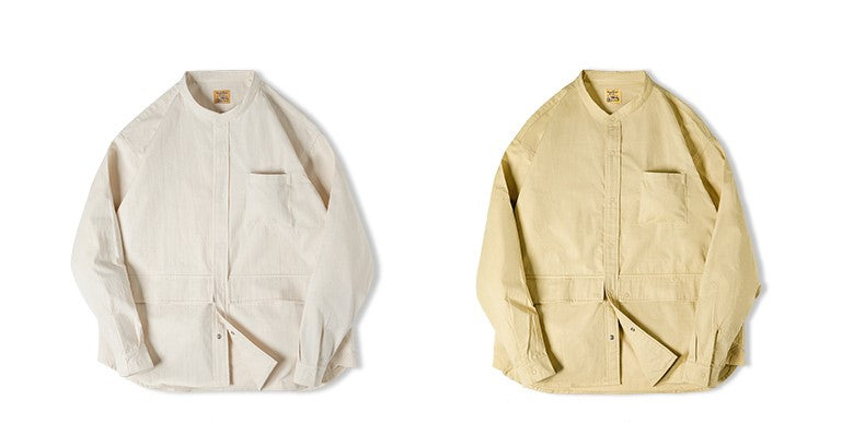大きめポケット&スナップボタンがポイントに▲バンドカラーコットンツイル ワーク カバーオール▼S~2XL