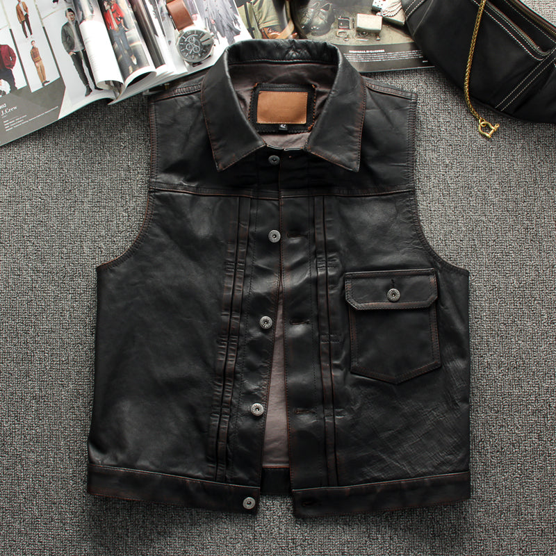 茶芯ホースハイドレザー ライダースレザーベスト M~4XL