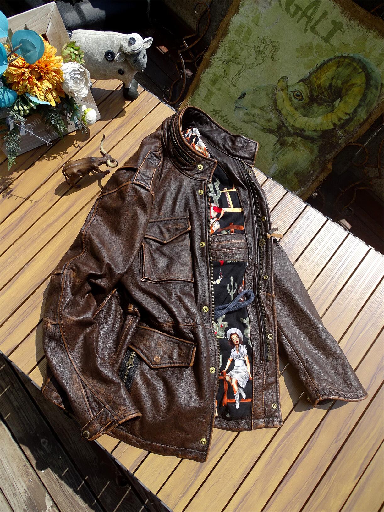 ▲ビンテージ復刻 ウォッシュ加工 茶芯カウレザー M-65 ジャケット▼S~4XL