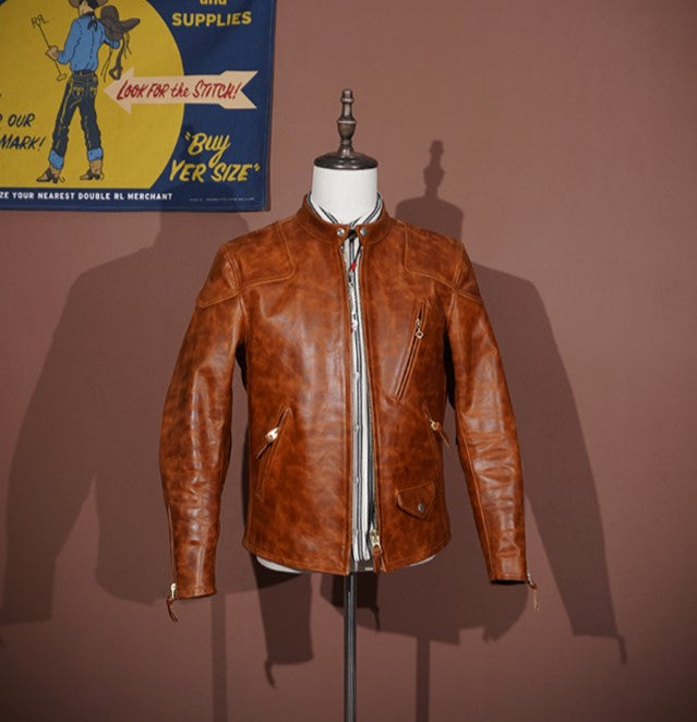 ワックス加工ホースレザー シングルライダースジャケット S~4XL