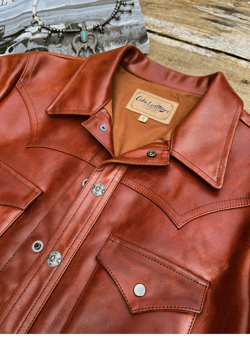 イタリア産ワックスカウレザー使用★カウレザーウエスタンシャツ★ブラウン S~4XL