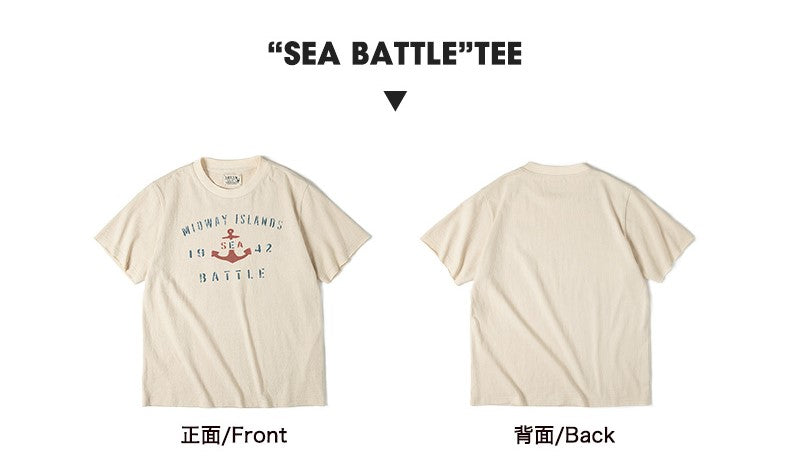 ヴィンテージ感あるコットンの風合いも◎◆ハーフスリーブ SEE BATTLEプリント Tシャツ◆S~2XL