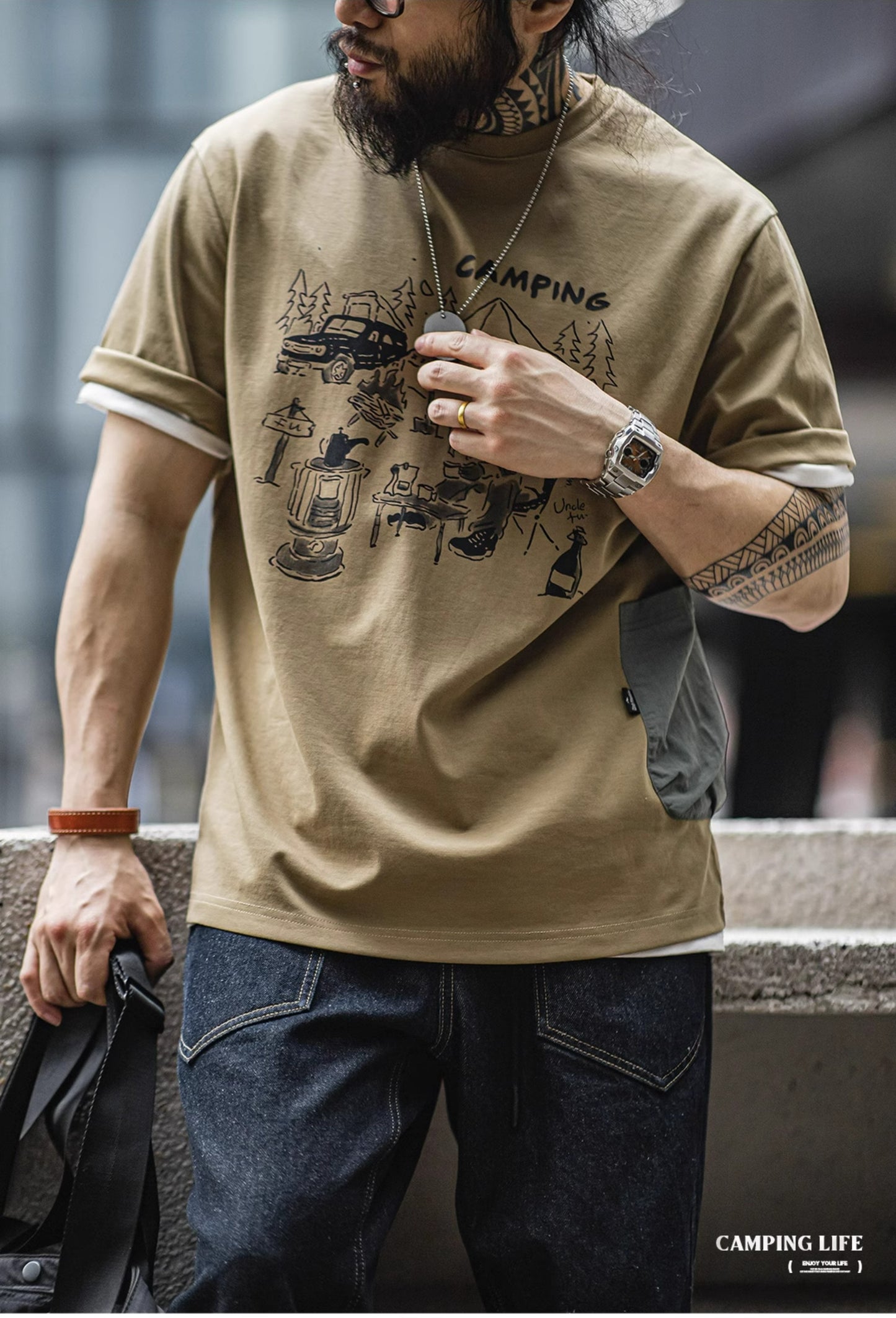 ◆CAMPING LIFEプリント片ポケTシャツ◆S~2XL
