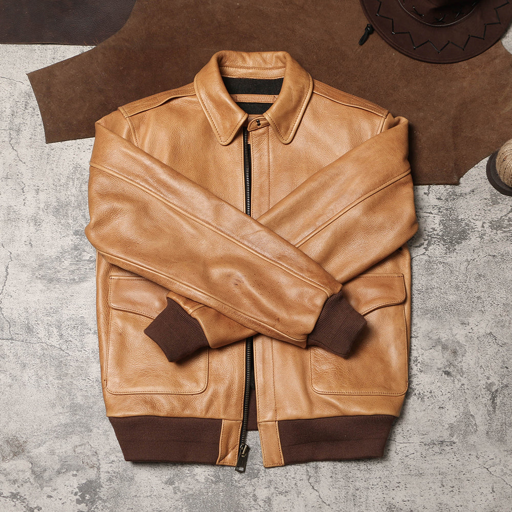 1.7mm極厚◇◇ヴィンテージ復刻 タンカラーカウレザーA-2ジャケット◇◇M~5XL