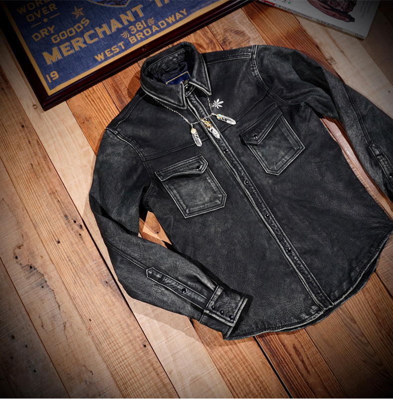ヘビーウォッシュ加工★ゴートレザーウエスタンシャツ★S~4XL