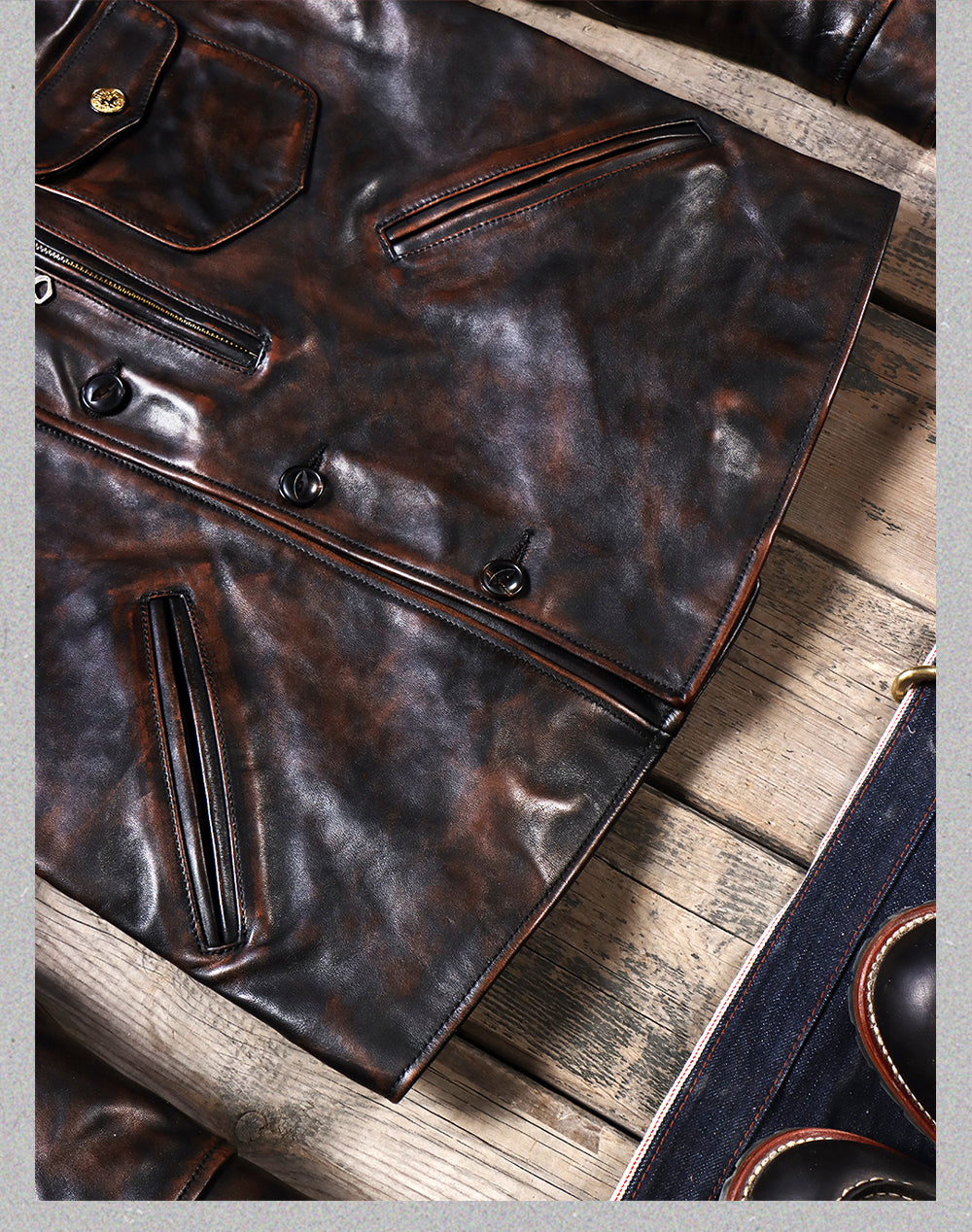 ヴィンテージ 復刻 茶芯 ホースハイド ボタン式ダブルライダースジャケットS~4XL