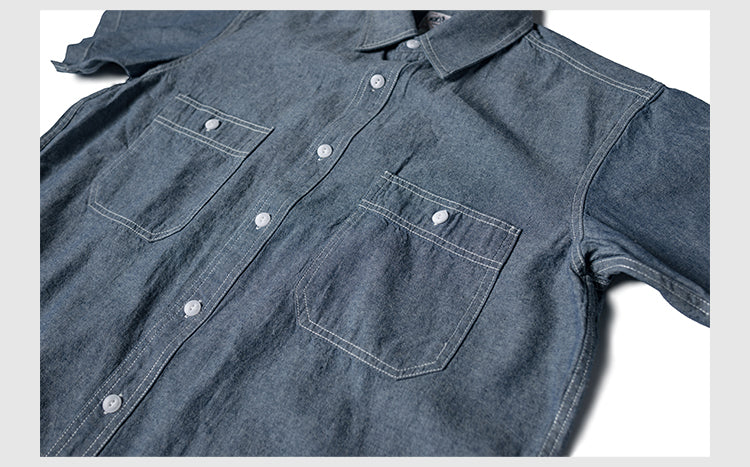 ◆ヴィンテージ復刻デザイン 半袖7.2オンス シャンブレーワーク シャツ◆S~2XL