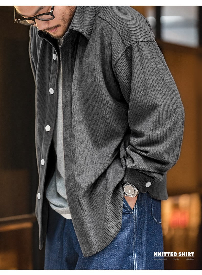 落ち感最高★ゆったりシルエット★コットン×ポリエステル畝テクスチャーニットシャツ★S~2XL