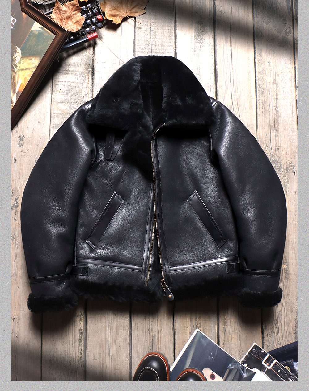 昨シーズン売り切りSALE★ポリッシュ加工ブラックムートン B-3フライトジャケット★S~4XL