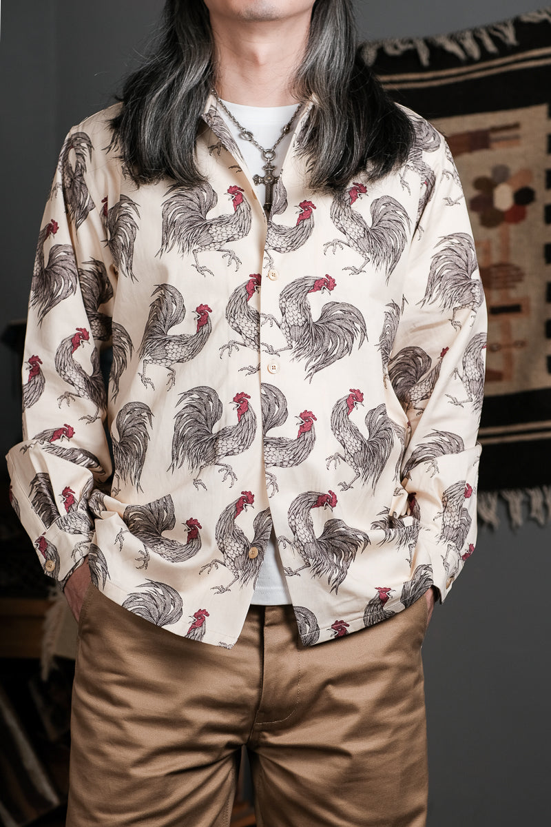 2色展開◆鶏柄がクール◆ヴィンテージ復刻 色気のある テンセル×コットン柄シャツ◆S~XL
