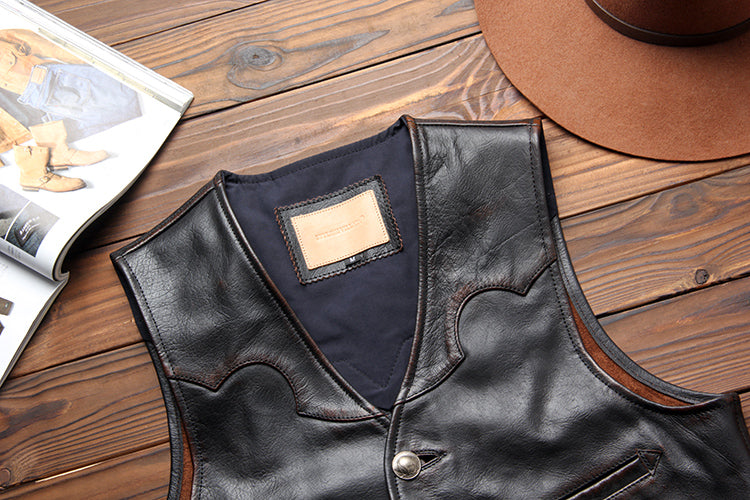 ウォッシュ加工★カウレザーウエスタン ベスト★M~6XL