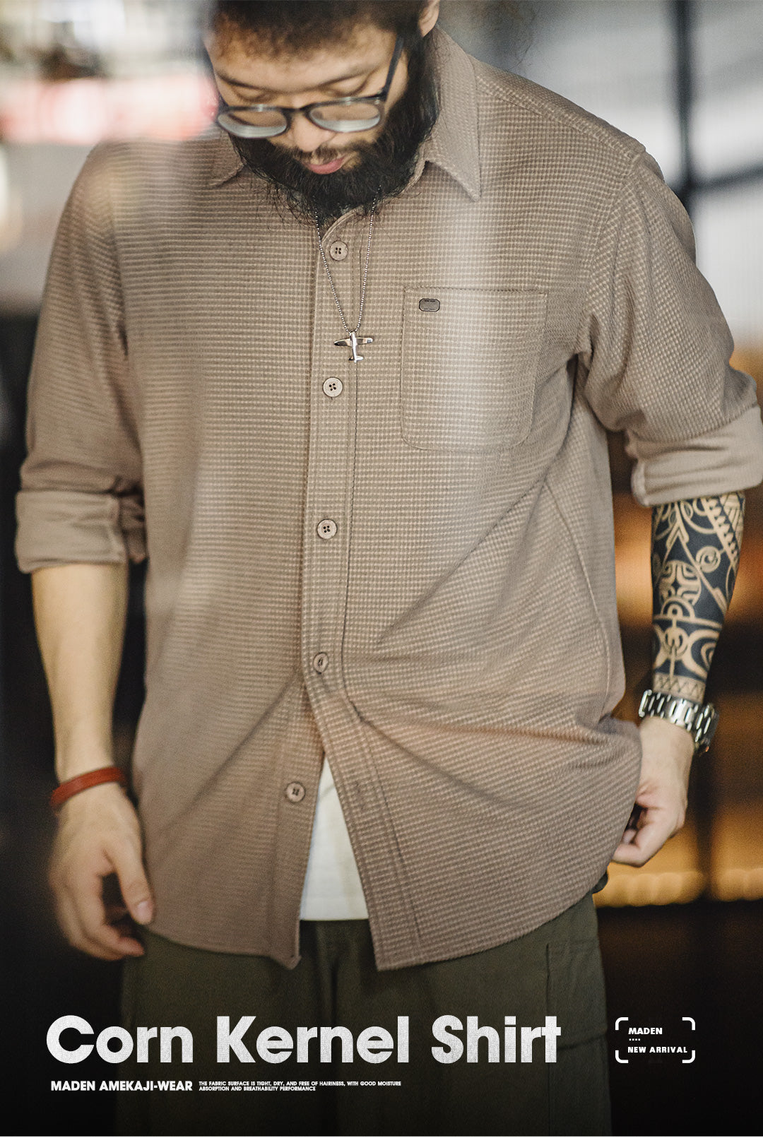 表情豊かなテクスチャー★ワッフル地 リラックスワークシャツ★M~2XL