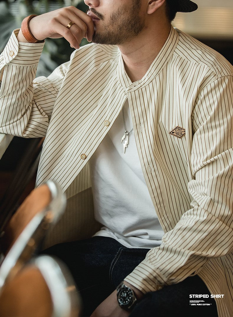 ★程良いゆったり感★今年も気分のバンドカラーピンストライプコットンシャツ★S~2XL