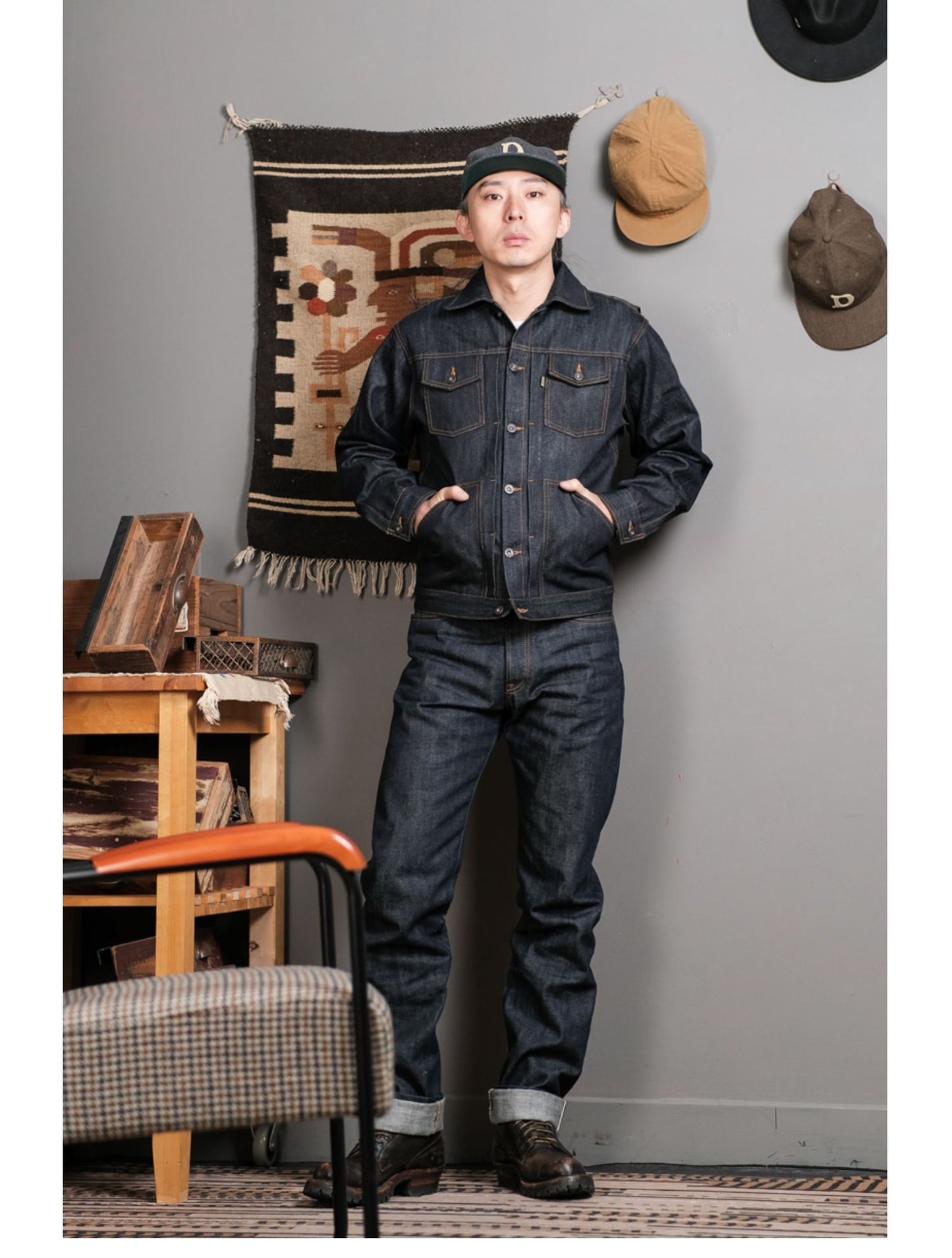 背面のアクションプリーツで高い可動性☆ヴィンテージ復刻 14.5OZ ノンウォッシュ セルビッチ デニムジャケット☆S~2XL