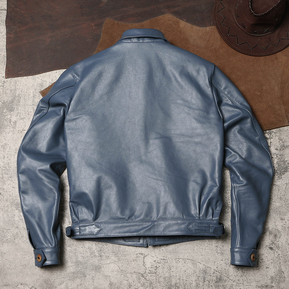絶妙な色味のブルー◇ドイツ空軍復刻 エーリヒ・ハルトマン モデル カウレザージャケット◇M~4XL