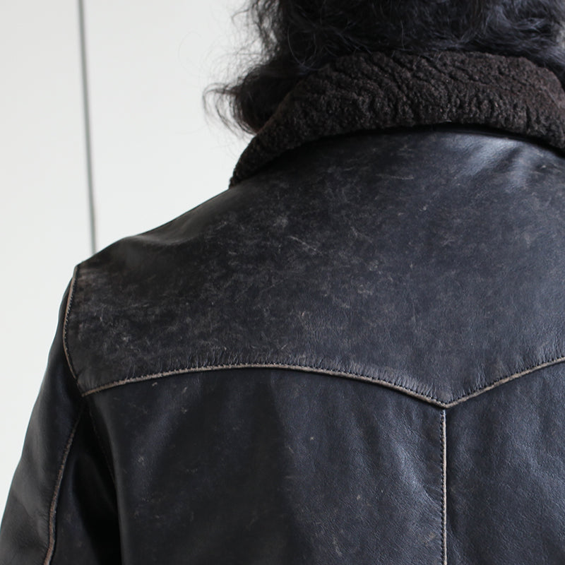 完璧なヴィンテージ加工★茶芯カウレザー×ムートン BILLINGS JACKET★ブラック XL~4XL