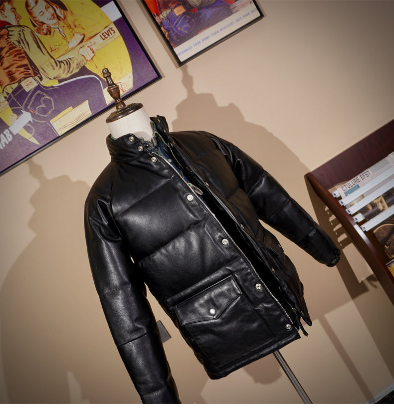 ◇イタリア産カウレザー使用 ブラックレザーダウンジャケット◇ S~4XL