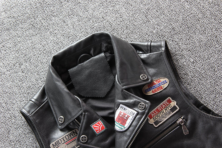 カウレザー ワッペン&編み上げデザイン ライダースベスト S~4XL