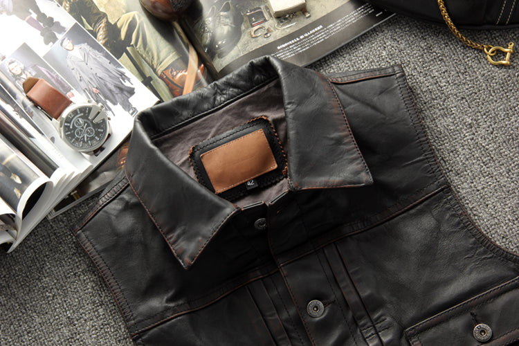 茶芯ホースハイドレザー ライダースレザーベスト M~4XL