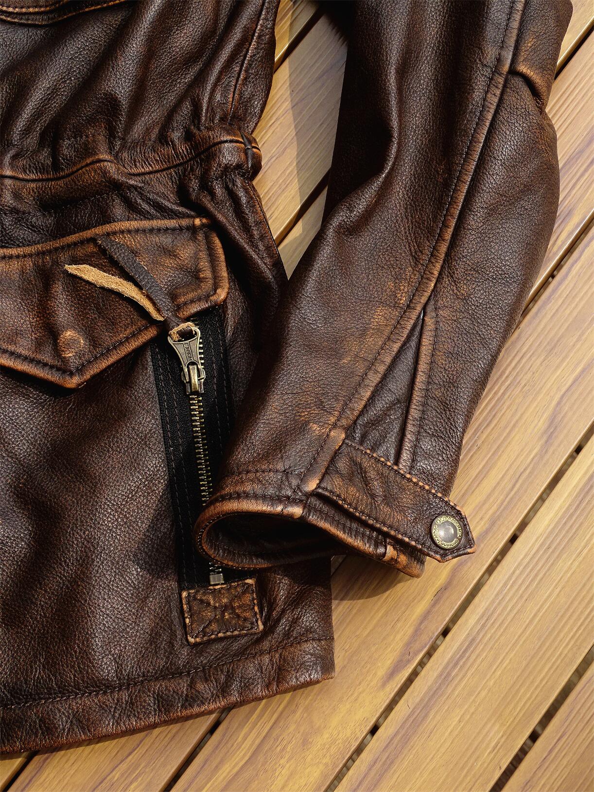 ▲ビンテージ復刻 ウォッシュ加工 茶芯カウレザー M-65 ジャケット▼S~4XL