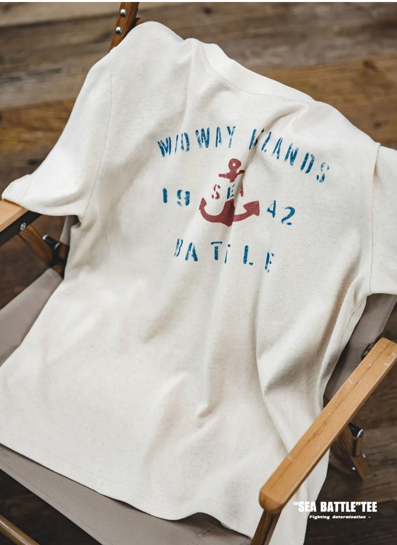 ヴィンテージ感あるコットンの風合いも◎◆ハーフスリーブ SEE BATTLEプリント Tシャツ◆S~2XL