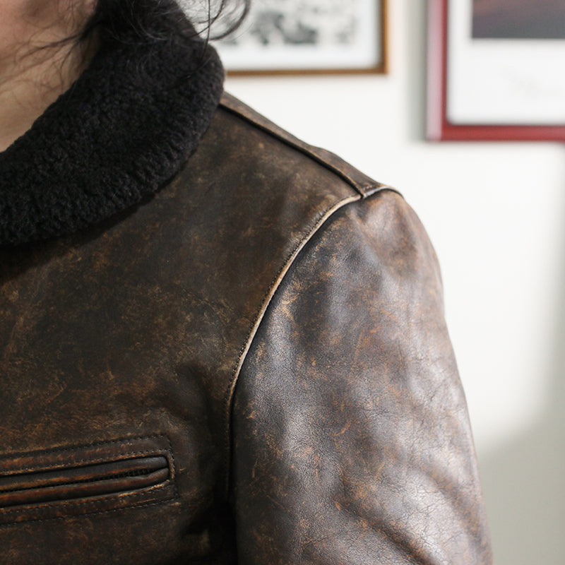 完璧なヴィンテージ加工★茶芯カウレザー×ムートン BILLINGS JACKET★ブラウン XL~4XL
