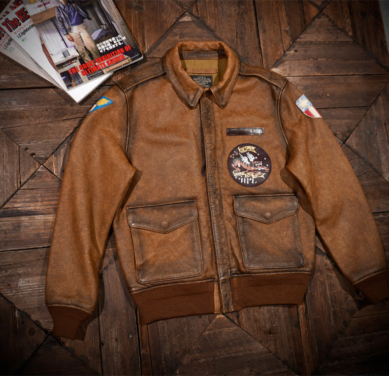 ◆ヴィンテージ復刻 ウォッシュ&ポリッシュエイジング加工 茶芯カウレザー A-2ジャケット◆S~4XL