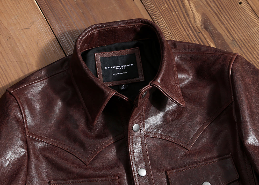 オイルワックス加工カウレザーウエスタンシャツ★M~4XL